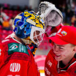 20250927 Vaasan Sähkö Areena Vaasa, FINLAND. LIIGA: Vaasan Sport - Kouvolan KooKoo.
Vaasan Sport #32 Joni Ortio & #1 Masi Härkönen
Photo: Samppa Toivonen / APOLLO PHOTO