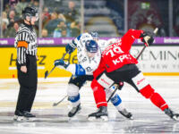 20251106 Tampere, FINLAND. EURI HOCKEY TOUR: Team Switzerland - Team Finland.
Team Finland #65 Sakari Manninen, Team Switzerland #79 Calcin Thurkauf
Photo: Samppa Toivonen / APOLLO PHOTO