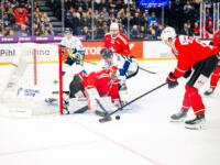 20251106 Tampere, FINLAND. EURI HOCKEY TOUR: Team Switzerland - Team Finland.
Team Finland #22 Arttu Ruotsalainen, Team Switzerland #20 Rero Berra
Photo: Samppa Toivonen / APOLLO PHOTO