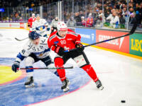 20251106 Tampere, FINLAND. EURI HOCKEY TOUR: Team Switzerland - Team Finland.
Team Finland #41 Jan-Mikael Järvinen, Team Switzerland #80 Nicolas Baechler
Photo: Samppa Toivonen / APOLLO PHOTO