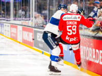 20251106 Tampere, FINLAND. EURI HOCKEY TOUR: Team Switzerland - Team Finland.
Team Finland #2 Rasmus Rissanen hits Team Switzerland #59 Dario Simon
Photo: Samppa Toivonen / APOLLO PHOTO