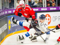 20251106 Tampere, FINLAND. EURI HOCKEY TOUR: Team Switzerland - Team Finland.
Team Switzerland #24 Tobias Geisser hits Team Finland #13 Jesse Puljujärvi
Photo: Samppa Toivonen / APOLLO PHOTO