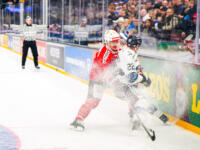 20251106 Tampere, FINLAND. EURI HOCKEY TOUR: Team Switzerland - Team Finland.
Team Switzerland #73 Sandro Schmid, Team Finland #22 Arttu Ruotsalainen
Photo: Samppa Toivonen / APOLLO PHOTO