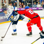20251108 Tampere, FINLAND. EURI HOCKEY TOUR: Team Finland - Team Czechia.
Team Finland #37 Eemil Erholtz, Team Czechia #54 Libor Zabransky
Photo: Samppa Toivonen / APOLLO PHOTO