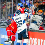 20251108 Tampere, FINLAND. EURI HOCKEY TOUR: Team Finland - Team Czechia.
Team Finland #65 Sakari Manninen hits Team Czechia #16 Lubos Horky
Photo: Samppa Toivonen / APOLLO PHOTO