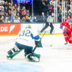 20251108 Tampere, FINLAND. EURI HOCKEY TOUR: Team Finland - Team Czechia.
Team Czechia #14 Filip Chlapik shoots, Team Finland #32 Emil Larmi saves
Photo: Samppa Toivonen / APOLLO PHOTO