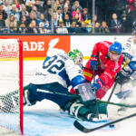 20251108 Tampere, FINLAND. EURI HOCKEY TOUR: Team Finland - Team Czechia.
Team Finland #32 Emil Larmi, .#10 Otto Kivenmäki, Team Czechia #8 Ondrej Beranek
Photo: Samppa Toivonen / APOLLO PHOTO