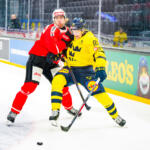 20251108 Tampere, FINLAND. EURI HOCKEY TOUR: Team Sweden - Team Switzerland.
Team Switzerland #45 Michael Fora, Team Sweden #84 Sebastian Hartmann
Photo: Samppa Toivonen / APOLLO PHOTO