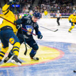 20251109 Tampere, FINLAND. EURI HOCKEY TOUR: Team Finland - Team Sweden.
Team Sweden #22 Fredrik Olofsson, Team Finland #60 Julius Honka
Photo: Samppa Toivonen / APOLLO PHOTO