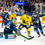 20251109 Tampere, FINLAND. EURI HOCKEY TOUR: Team Finland - Team Sweden.
Team Finland #32 Emil Larmi, #60 Julius Honka & Team Sweden #40 Andreas Wingerli
Photo: Samppa Toivonen / APOLLO PHOTO