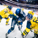 20251109 Tampere, FINLAND. EURI HOCKEY TOUR: Team Finland - Team Sweden.
Team Sweden #14 Robert Hägg cross-checks Team Finland #21 Jere Innala
Photo: Samppa Toivonen / APOLLO PHOTO