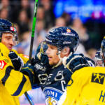 20251109 Tampere, FINLAND. EURI HOCKEY TOUR: Team Finland - Team Sweden.
Team Finland #4 Mikko Lehtonen feuding with Team Sweden #27 Gabriel Carlsson & #72 Tim Heed
Photo: Samppa Toivonen / APOLLO PHOTO