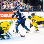 20251109 Tampere, FINLAND. EURI HOCKEY TOUR: Team Finland - Team Sweden.
Team Sweden #75 Arvid Holm stops Team Finland #62 Jesper Mattila
Photo: Samppa Toivonen / APOLLO PHOTO