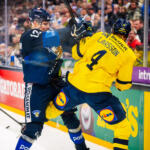 20251109 Tampere, FINLAND. EURI HOCKEY TOUR: Team Finland - Team Sweden.
Team Finland #13 Jesse Puljujärvi & Team Sweden #4 Jacob Larsson
Photo: Samppa Toivonen / APOLLO PHOTO